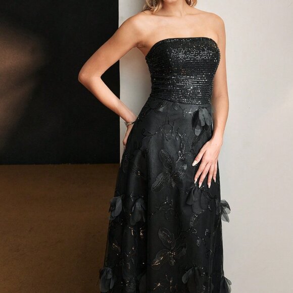 Black Party Women's Sequins Bodice Flower Embroidery Mesh Flare Long Dress - Picture 6 of 7